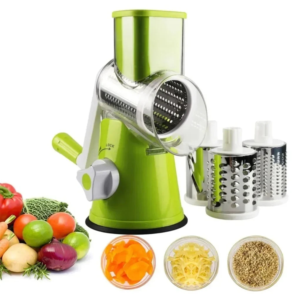 Vegetable Cutter & Slicer Manual Kitchen Cheese Chopper Machine With 3 Sharp Drums Multifunctional Garlic Potato Shredder Peaceful Pleasures Health and Wellness