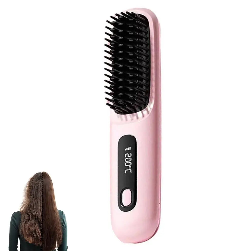 Thermostatic Electric Heating Heating Straight Hair Comb Wireless Portable Negative Ion Styling Tool Rechargeable USB Hair Tools Peaceful Pleasures Health and Wellness Pink