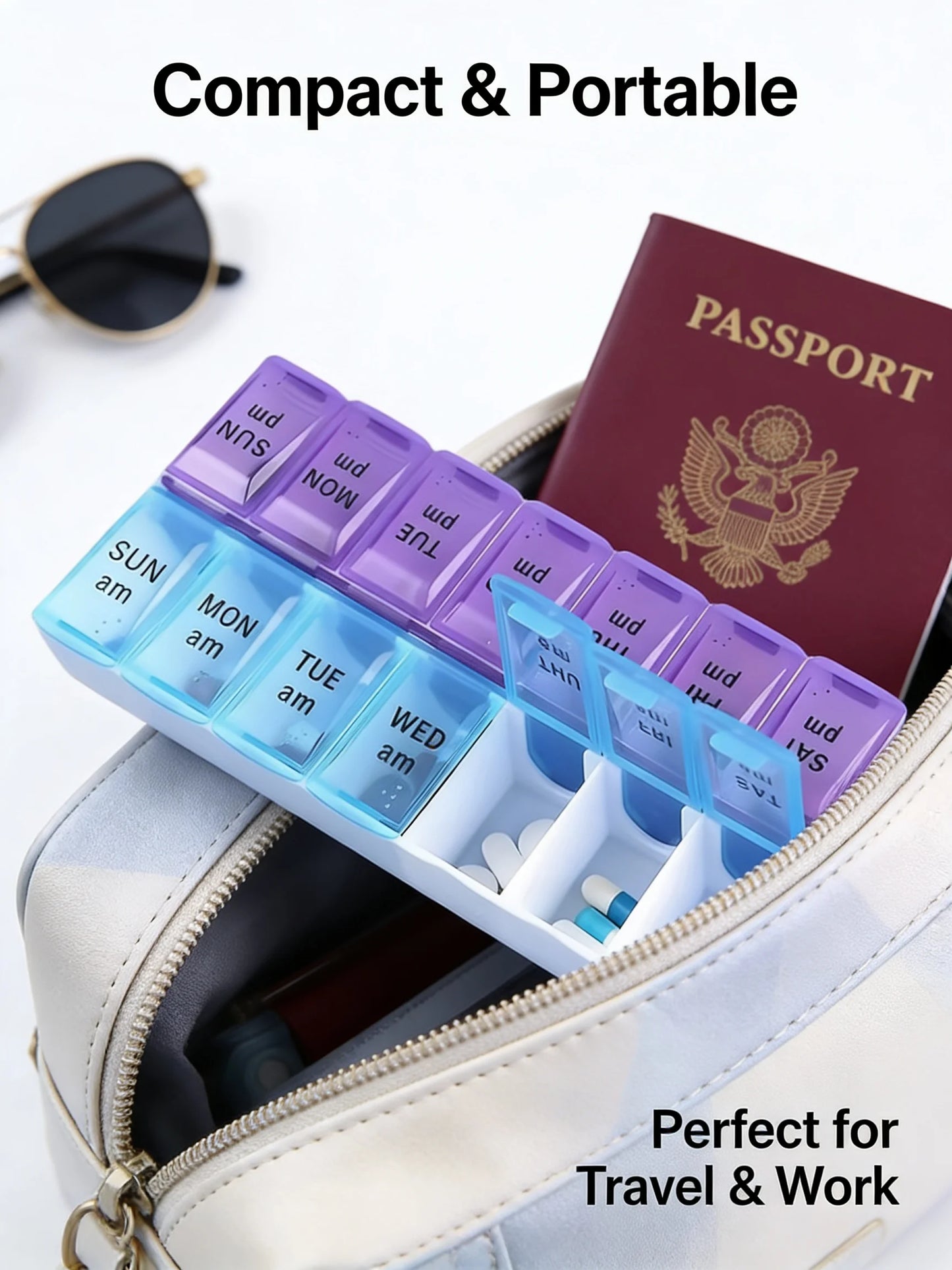 Compact pill organizer with sunglasses and passport on a white surface