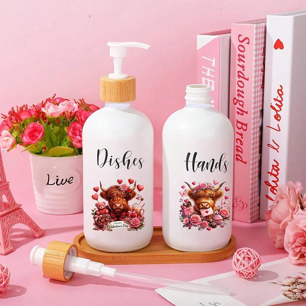 2Pcs Valentine's Day Soap Dispenser with Tray Highland Cow Dishes and Hands Dispenser with Pump 16 Oz Refillable Liquid Soap Peaceful Pleasures Health and Wellness