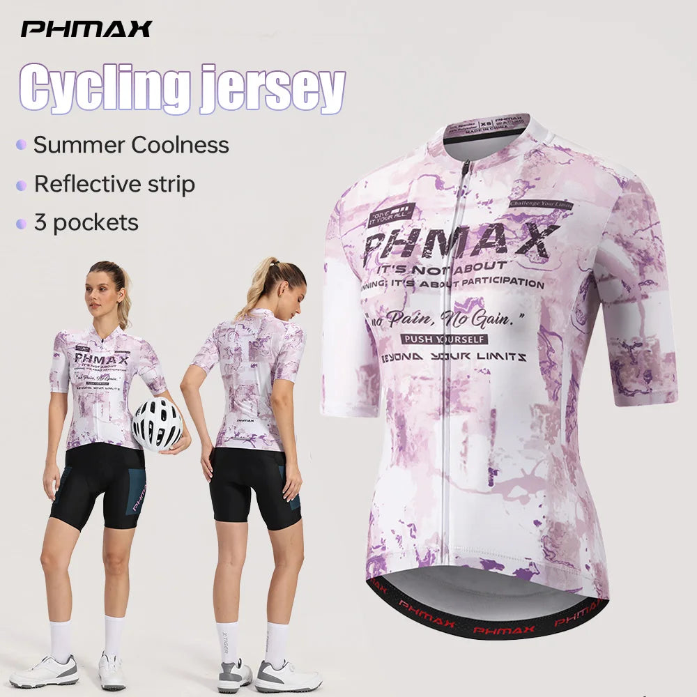 PHMAX Women's Short Sleeve Cycling Jersey | Full-Zip, 3 Pockets