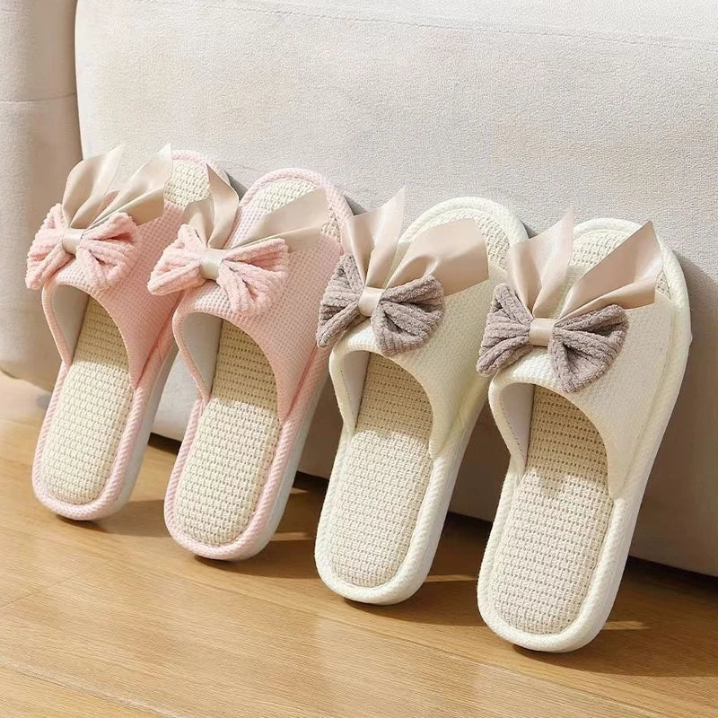 Women's Linen Bowknot Flat Slippers – Soft Lightweight Indoor Slides