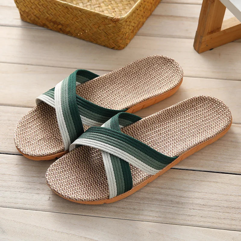 Women's Linen Flat Slippers – Lightweight Open Toe Indoor Slides