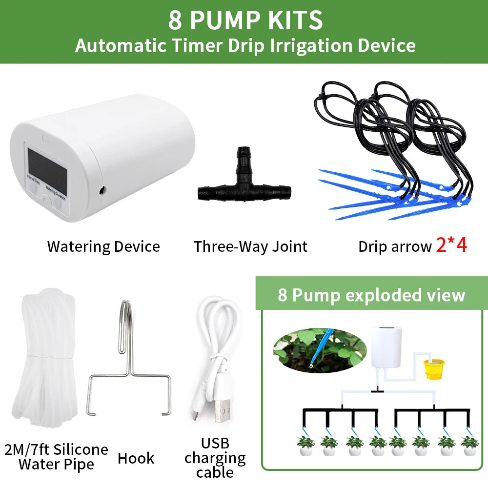 Automatic Plant Flower Watering Pump Home Sprinkler Drip Irrigation Device 2/4/8/16 Heads Pump Timer System Kit Garden Tool Peaceful Pleasures Health and Wellness 8 pump kit