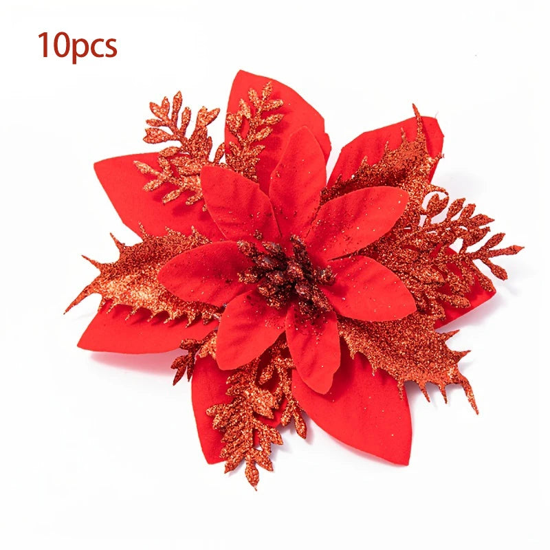 10pcs Christmas Gold Powder Christmas Flower Simulation Flower Christmas Decoration Flower Christmas Tree Decoration Peaceful Pleasures Health and Wellness Red (10pcs)