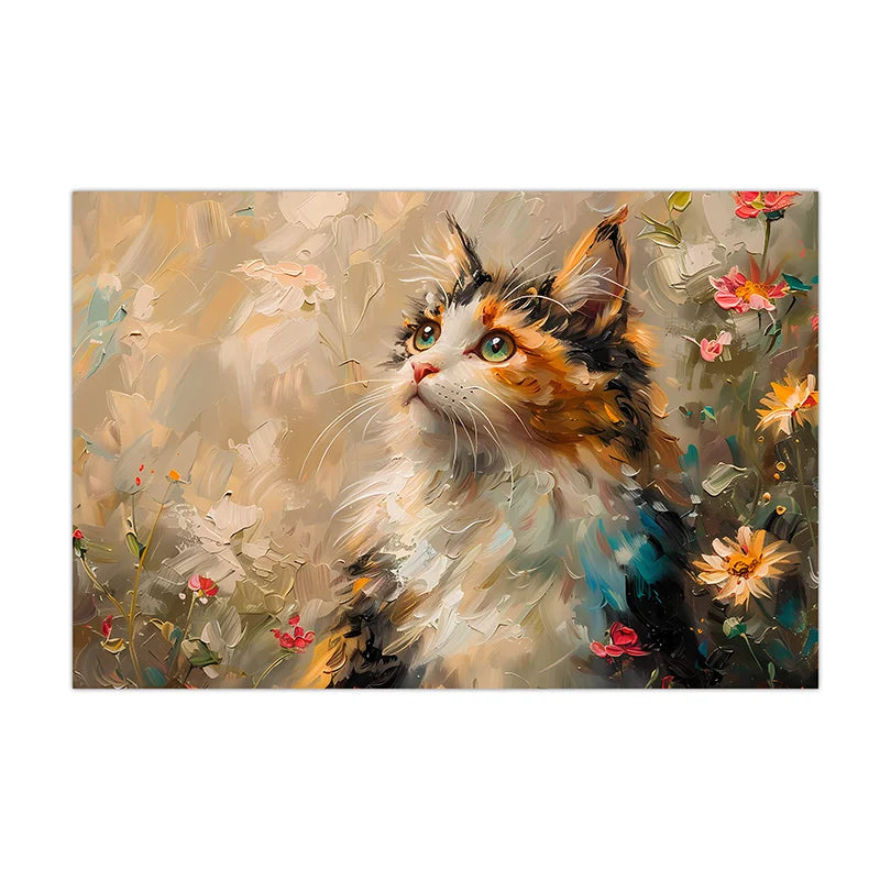 Vintage Animal Wall Art, Flower Cat Oil Canvas Painting, Nordic Poster Print for Bedroom Living Room Wall Decor Peaceful Pleasures Health and Wellness 02 40x60cm No Frame China Mainland