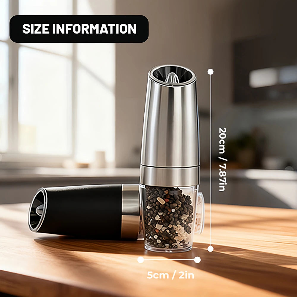 1/2pcs Gravity Electric Pepper and Salt Stainless Steel Grinder Set with Adjustable Coarseness Operated LED Light Peaceful Pleasures Health and Wellness