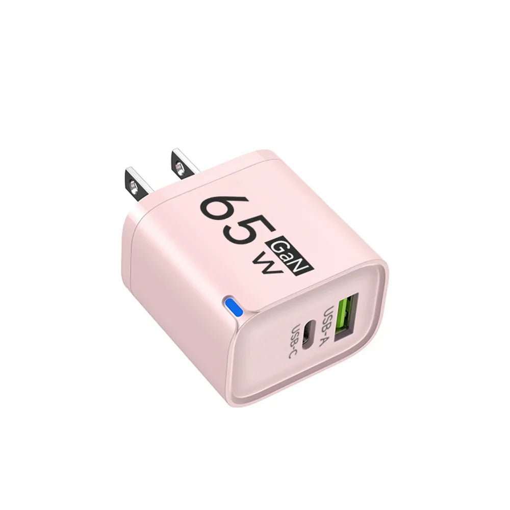 65W GaN USB-C Fast Charger PD QC 3.0 Dual Port Wall Adapter