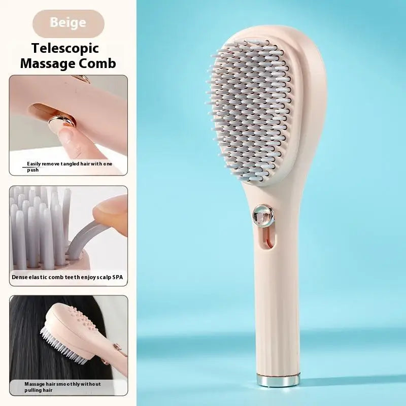Portable Telescopic Comb With Scalp Massage Self-Cleaning - Women's Salon Styling Tool Compact Magic Comb Peaceful Pleasures Health and Wellness Beige