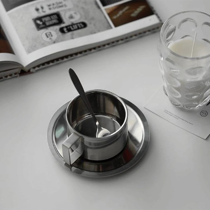Double Wall Stainless Steel Coffee Cup Set with Saucer & Spoon Coffee Cup Set Peaceful Pleasures Health and Wellness