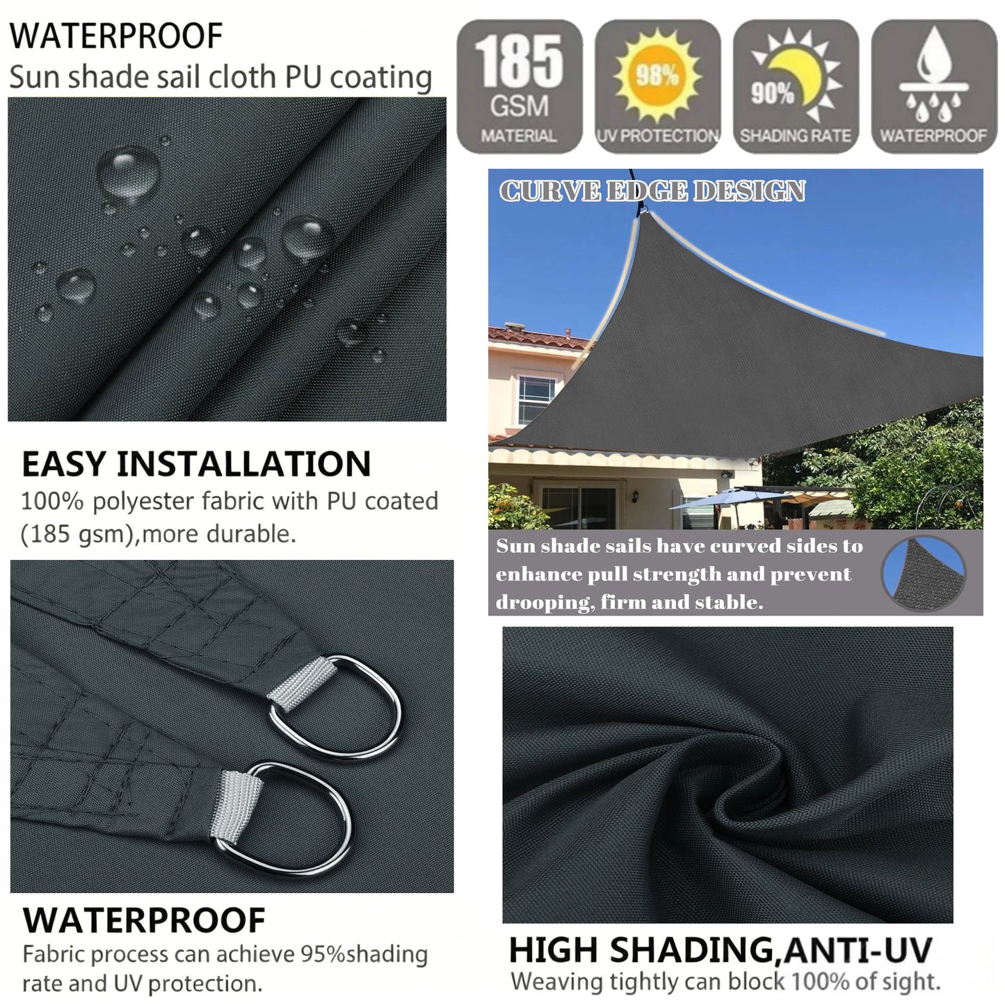 Waterproof Triangle Shade Sail UV Canopy 5x5x5 / 5x5x7M