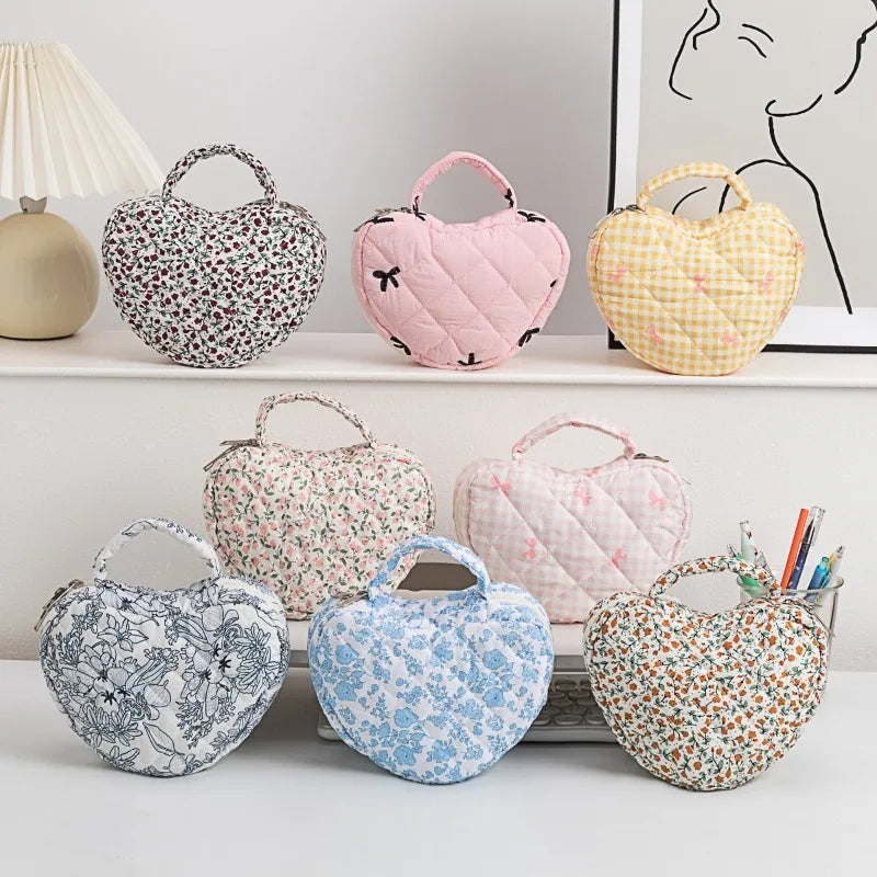 2026 New Large Capacity Floral Makeup Bag with Heart Pattern, Home Pastel Travel Cosmetic Organizer with Handles for Women Gift Peaceful Pleasures Health and Wellness