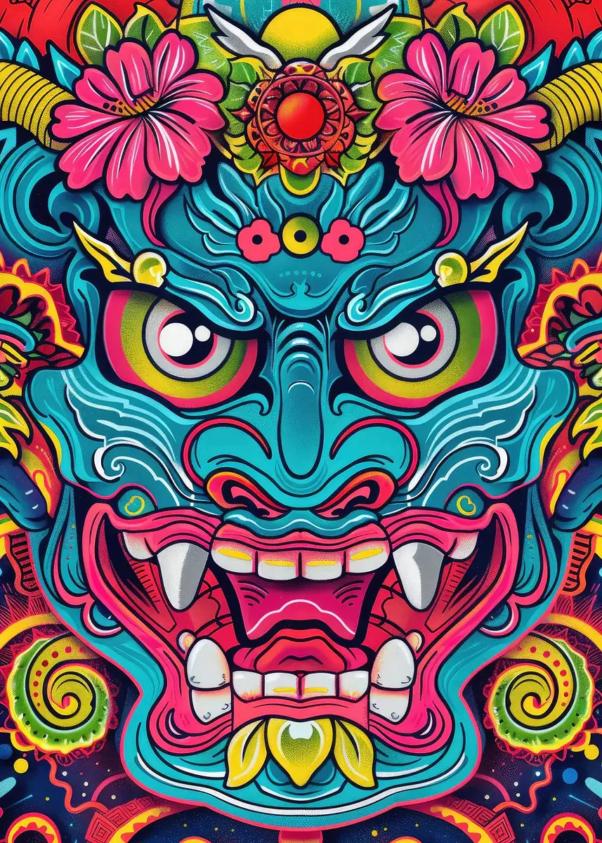 Japanese Oni Samurai Yokai Mask Canvas Wall Art Poster Print Canvas Wall Art Print Peaceful Pleasures Health and Wellness DM95-1 50x70cm Unframed