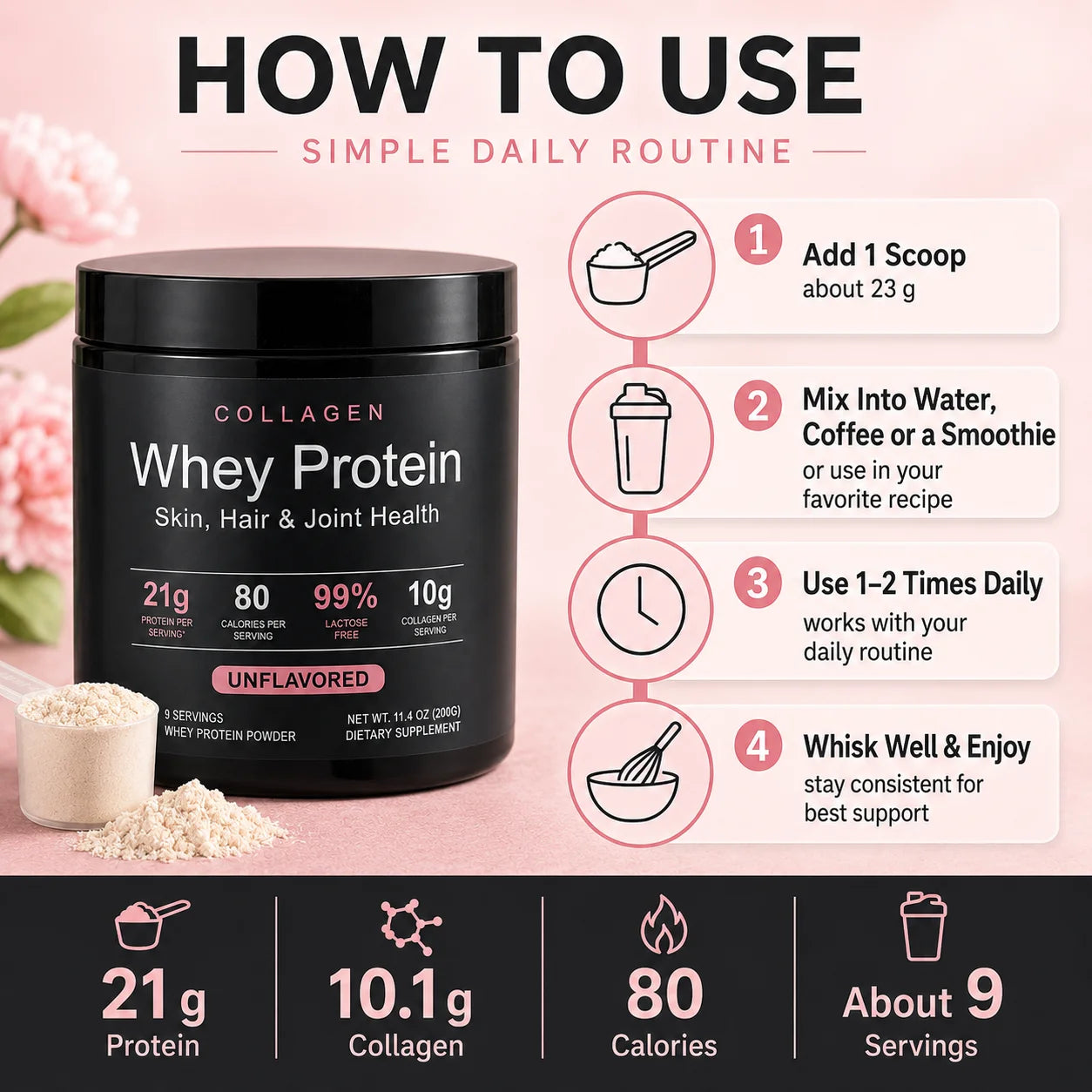 Collagen Whey Protein Powder | 21g Protein, 10g Collagen, Unflavored