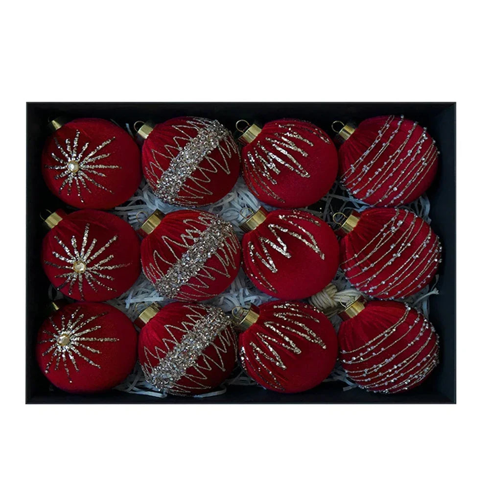 12-Pack Velvet Flocked Christmas Ball Ornaments 8cm | Tree & Wreath