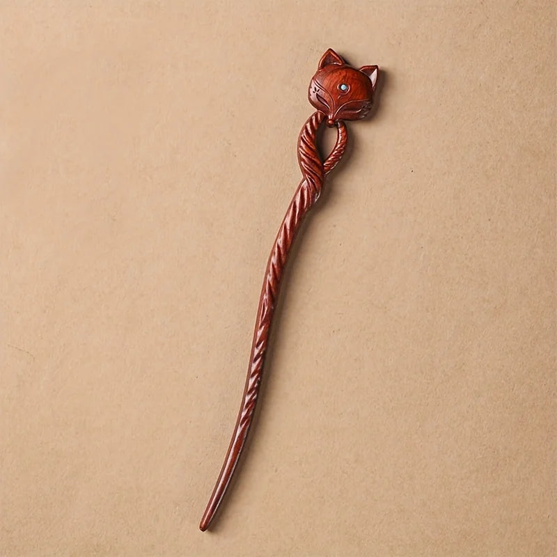 Elegant Vintage Fox Hairpin – Handcrafted Wooden Hair Stick with Gemstone Eyes Hair Stick Peaceful Pleasures Health and Wellness