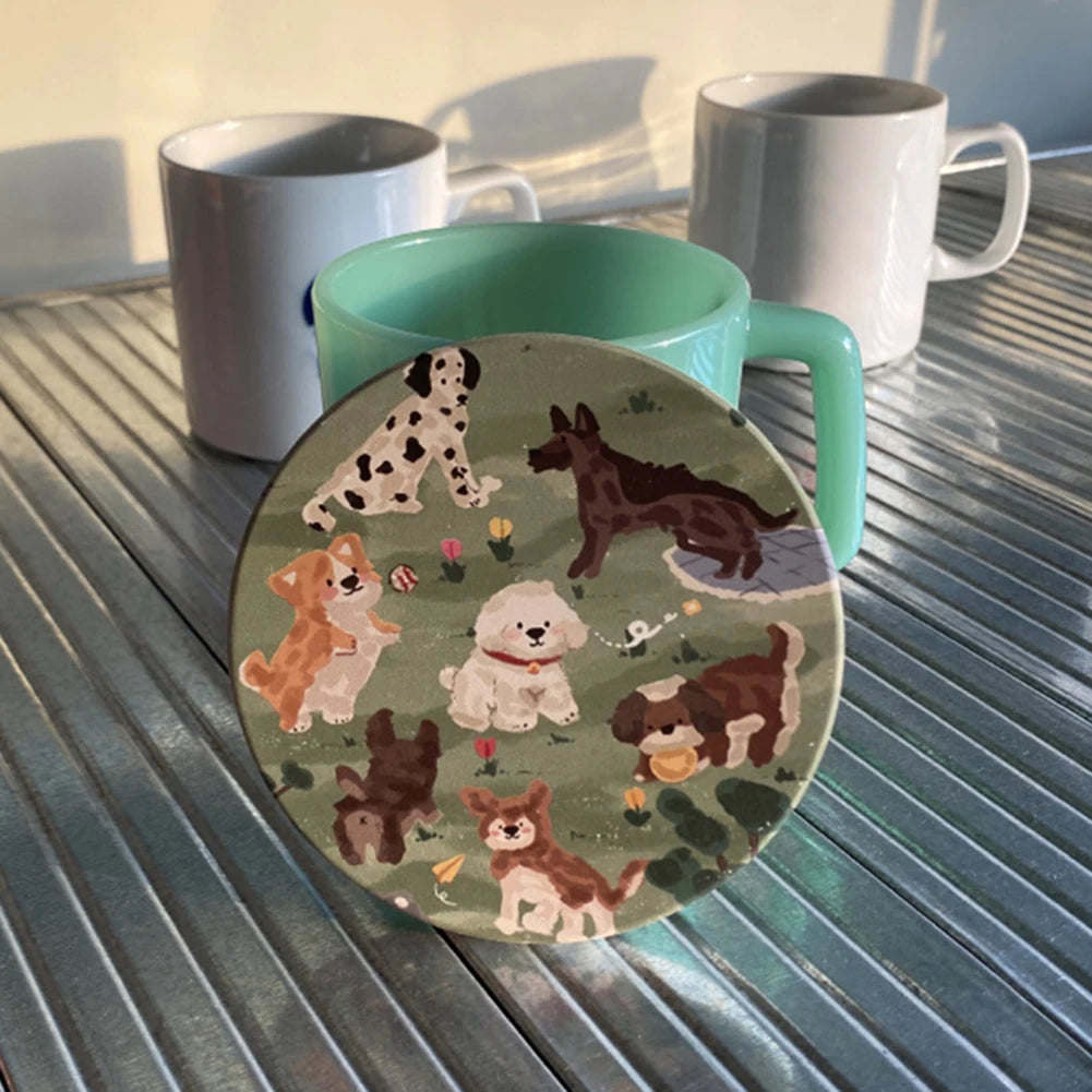 Ceramic Coaster Cute Dog Round Coaster For Drink Round Premium Absorbent Ceramic Dog Lover Coaster For Home Decor Coffee Shop Peaceful Pleasures Health and Wellness