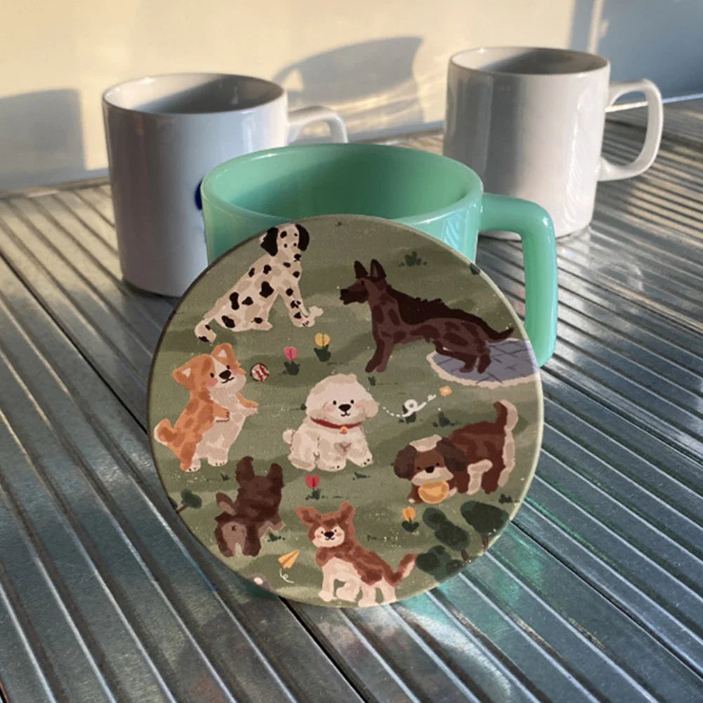 Cute Dog Ceramic Coaster | Absorbent Round Drink Mat