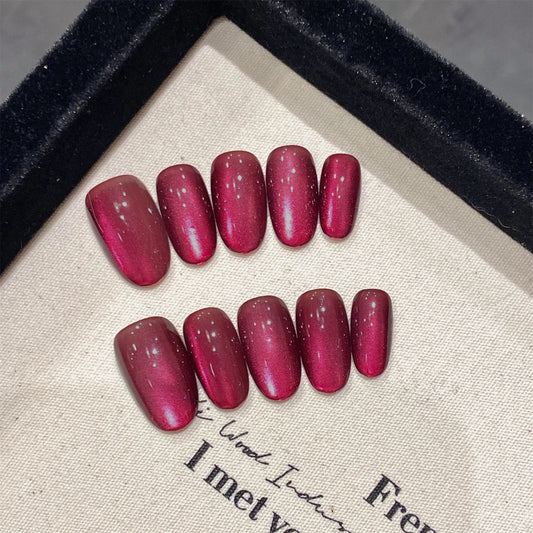 Handmade Press on Nails Shiny Dark Plum Cat Eye False Nails for Lady Daily Wearable Reusable Short Oval Head Fake Nail Tips Peaceful Pleasures Health and Wellness