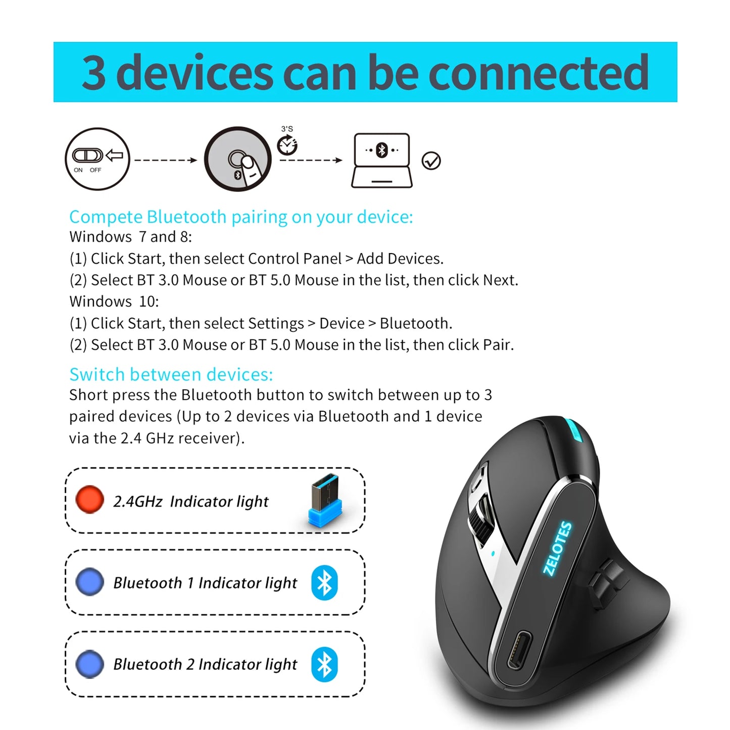 ZELOTES F-36 Ergonomic Wireless Vertical Mouse | RGB, 8 Keys