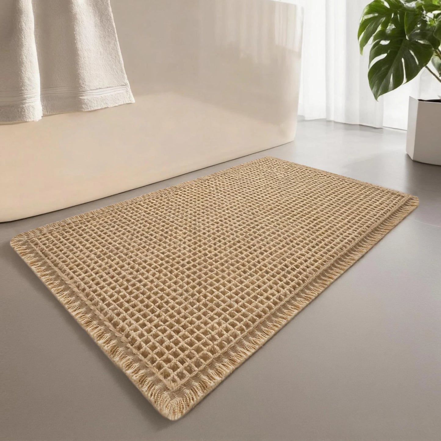 1PC Waffle Solid Color Bath Mat Washable Bathroom Rugs Anti-Slip Super Absorbent Soft Shower Mat for Home Bathroom Tub Shower Peaceful Pleasures Health and Wellness Khaki 46CMx77CM