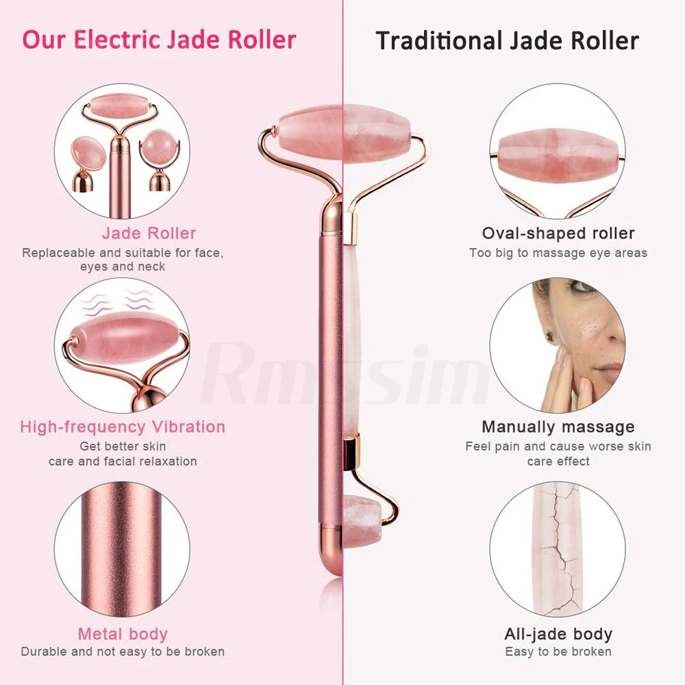 New Electric Vibrating Jade Roller Massager For Slimming Face Lifting Rose Quartz 3D Roller Stone Facial Skin Care Beauty Tool Peaceful Pleasures Health and Wellness