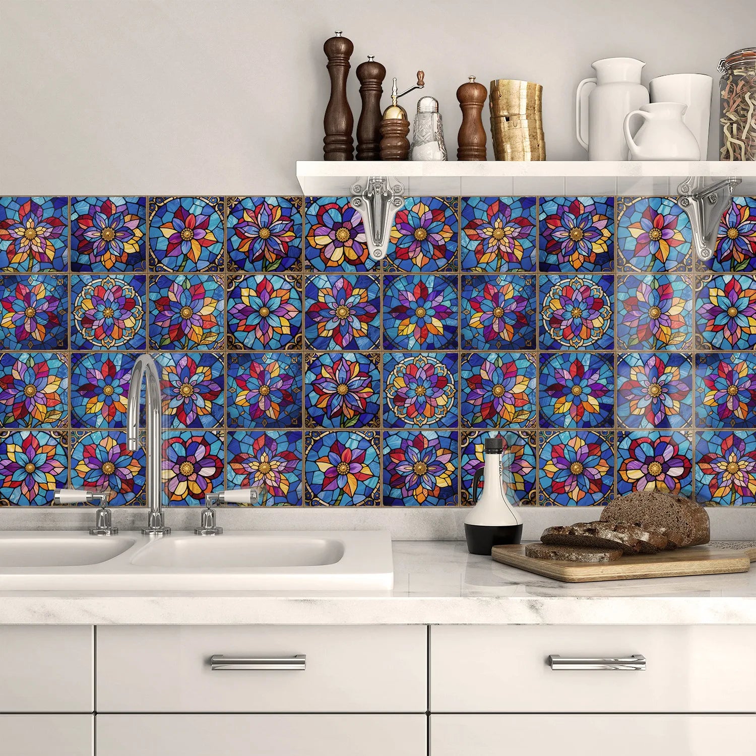 24 pieces European style flower tiles wall stickers Self-adhesive kitchen bathroom decorative ceramic tiles stickers glossy crys Peaceful Pleasures Health and Wellness