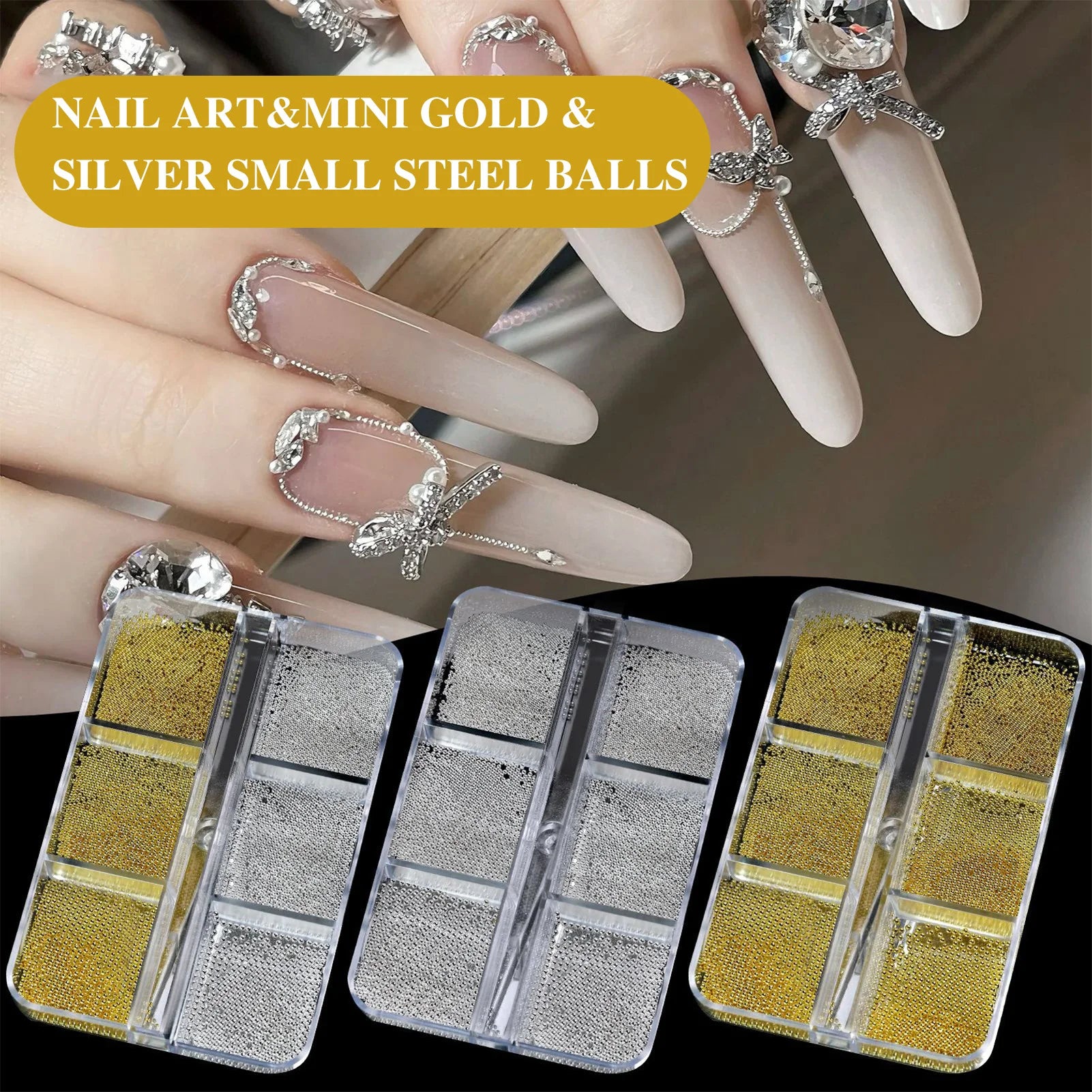 Alloy Small Steel Beads Nail Art Decoration Kit 6 Grids Gold Silver Mixed Colors Diy Manicure Charms For Home Salon Use Peaceful Pleasures Health and Wellness
