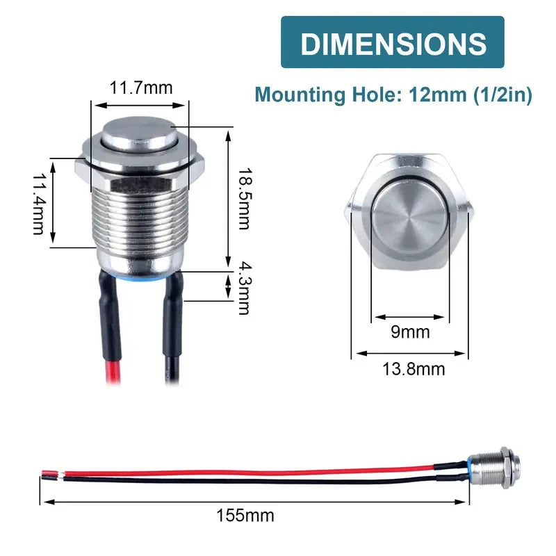 Round Head Momentary Push Button Switch Stainless Steel 1NO Normally