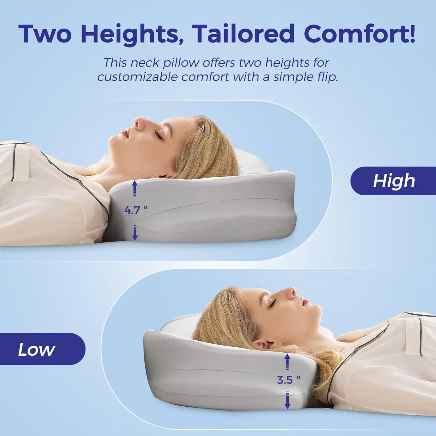 Neck pillow with adjustable height feature shown on a person, labeled 'High' and 'Low'.