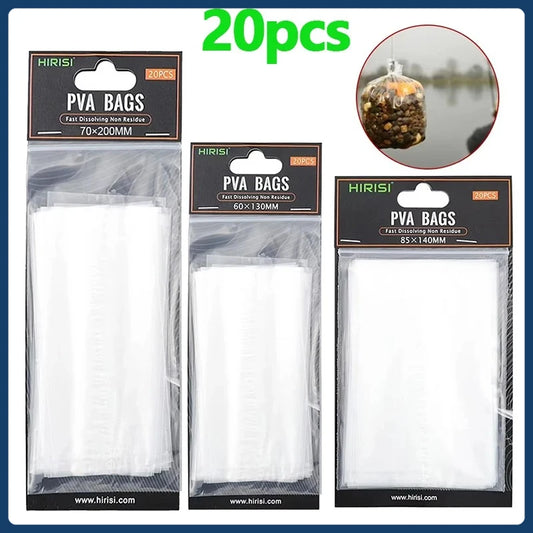 Hirisi 20Pcs Quick Dissolve PVA Fishing Bait Bags, 3 Sizes 60*130/85*140/70*200 Eco Water Soluble Carp Tackle Accessories Peaceful Pleasures Health and Wellness DY01-60x130