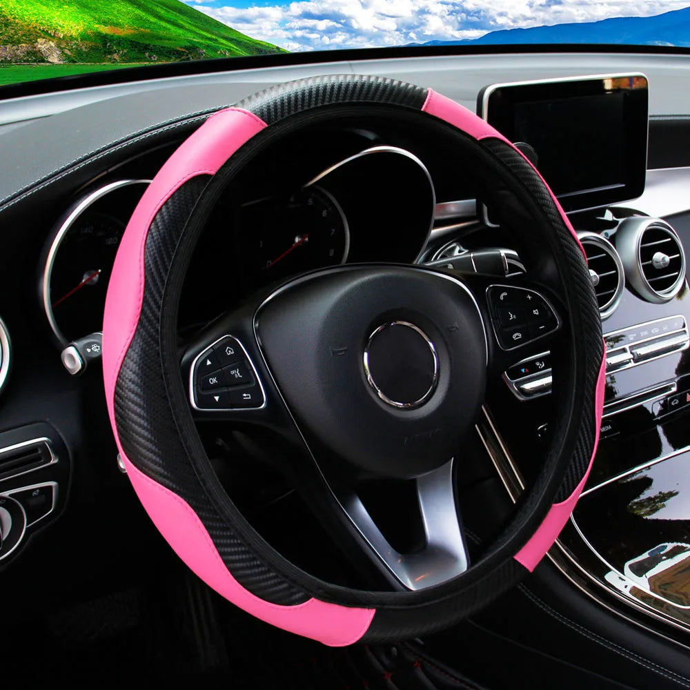 PU Leather Carbon Fiber Steering Wheel Cover 14.5–15 Inch