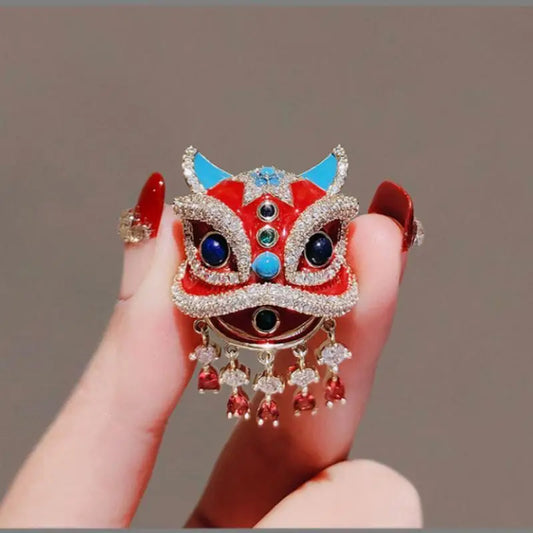 Chinese Style Red Lion Dance High End Accessory Enamel Painted Brooch Peaceful Pleasures Health and Wellness