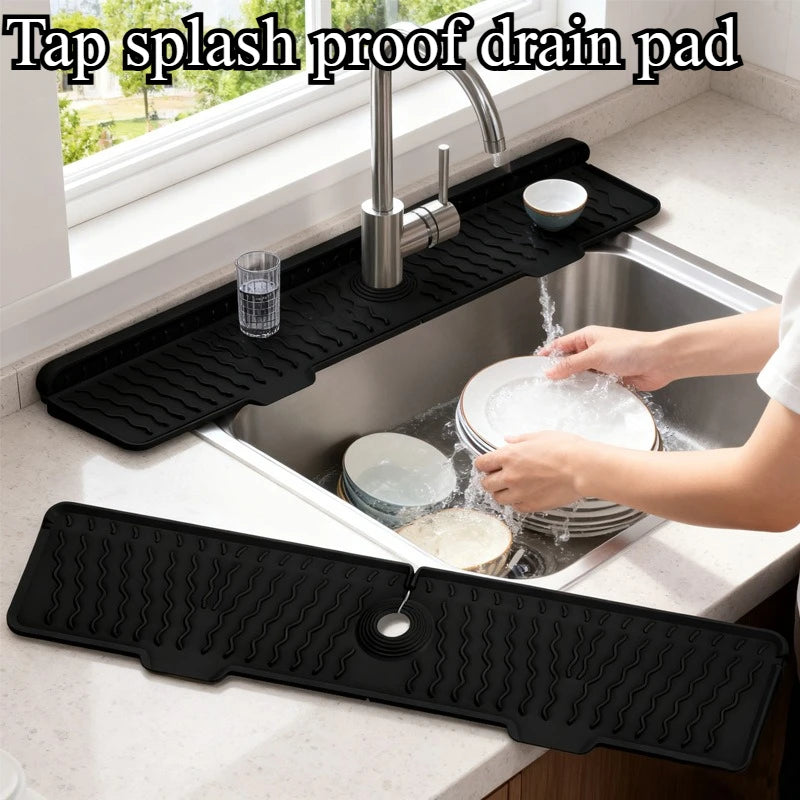 1-Piece Black Wavy Pattern Long Food-Grade Silicone Draining Mat for Kitchen and Bathroom, Faucet Splash-Proof Sink Mat, Long Strip, Foldable, Perfect for Sinks, Durable, Non-Slip, Sink Mat with Inclined Drainage Design Peaceful Pleasures Health and Wellness 1Pcs L Rectangular