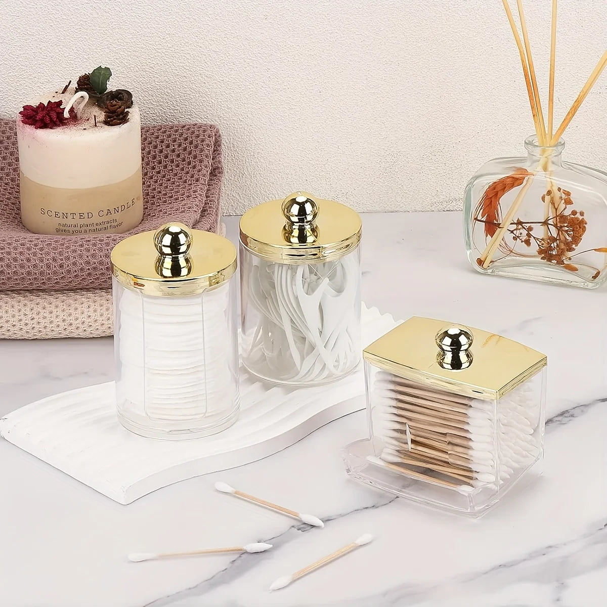 Apothecary Qtip Holder & Cotton Ball Dispenser with Gold Lid