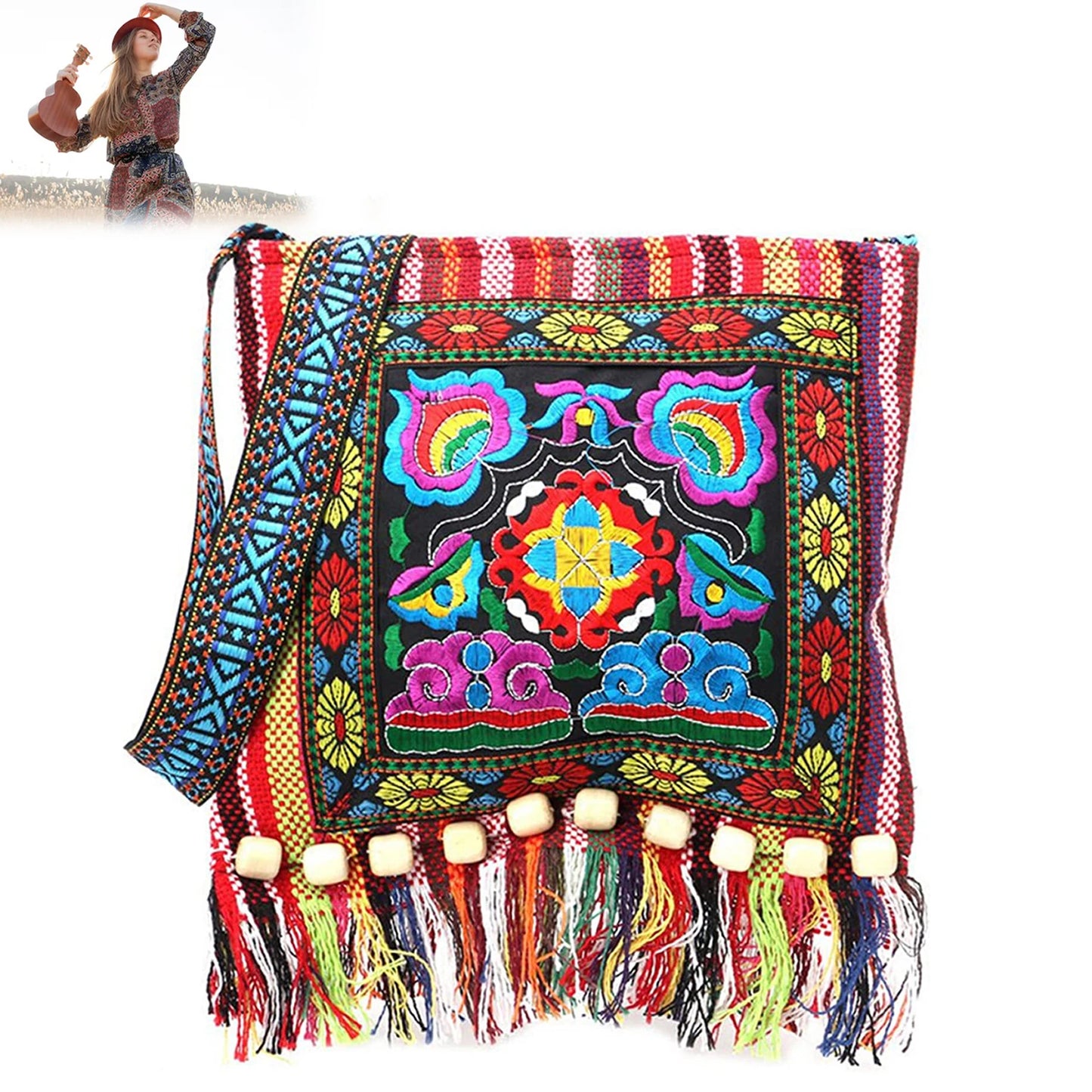 Women's Ethnic Style Embroidered Bag Versatile Tribal Boho Hippie Shoulder Bag Suitable for Birthday Christmas Gifts Peaceful Pleasures Health and Wellness