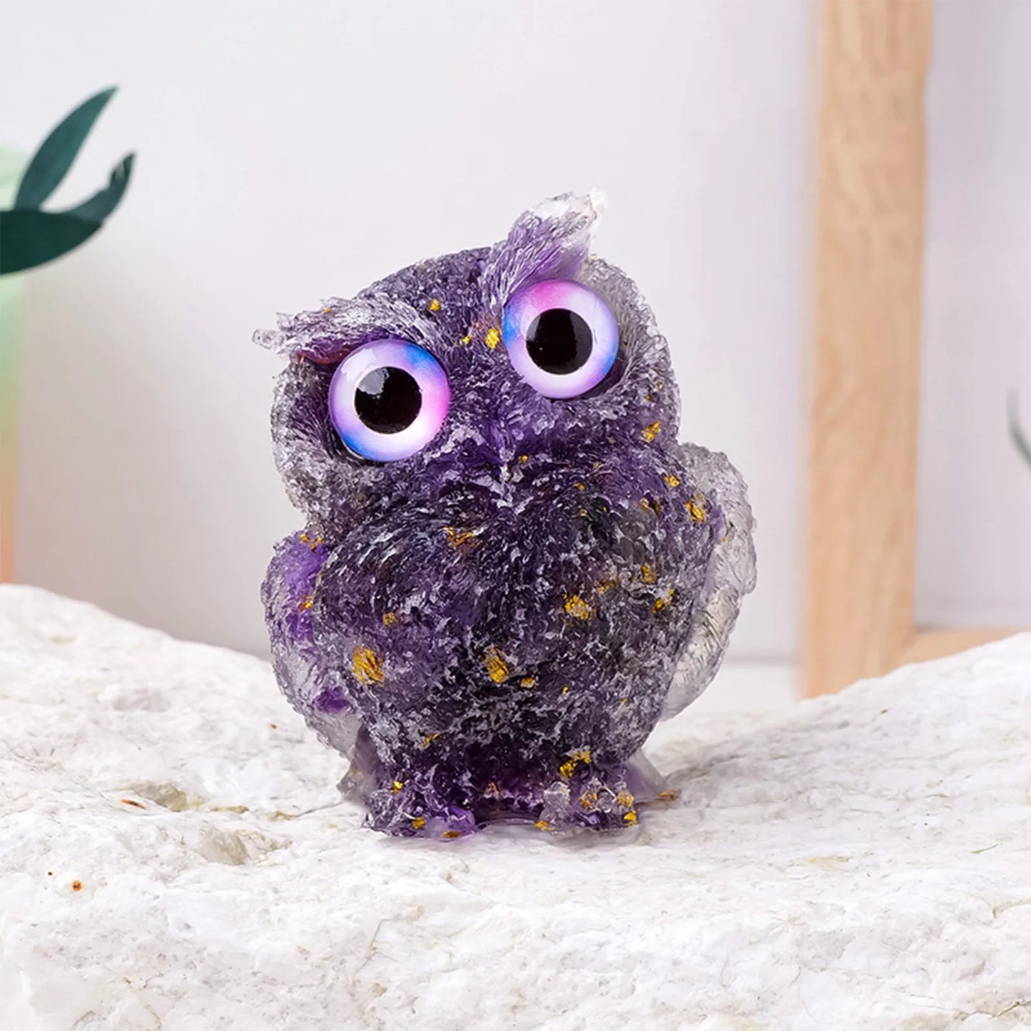 Crystal Owl Figurine – Amethyst & Rose Quartz Resin Ornament