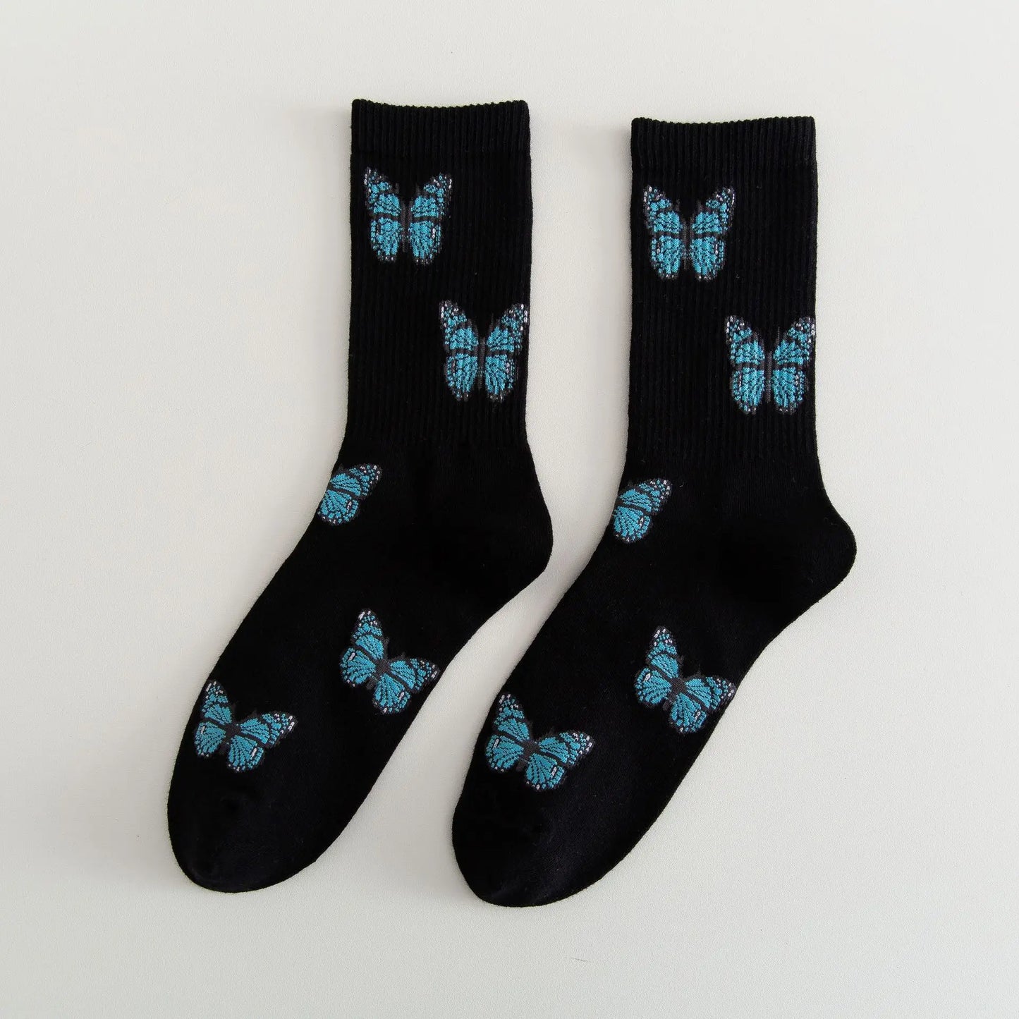 New Lolita Butterfly Socks Women Streetwear Harajuku Crew Women Cotton Sock white black Fashion Kawaii Hip Hop Cow JK Socks Cool Peaceful Pleasures Health and Wellness One Size Black Blue