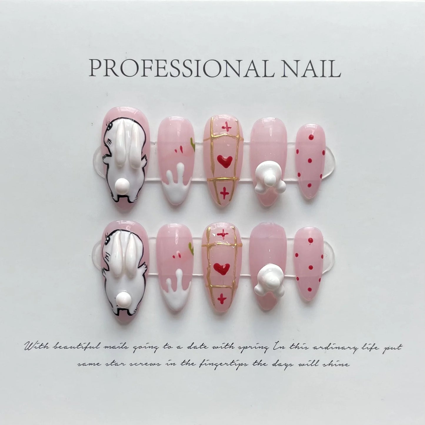 Handmade Press on Nails Sweet Pink Almond Fake Nails Cute 3D White Rabbit Flowers Design Fake Nail Tips Wearable Manicure Set Peaceful Pleasures Health and Wellness L