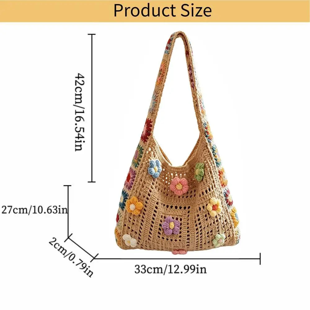 Handmade Crochet Bag For Women Girls, Floral Knit Beach Tote Summer Handbag For Travel Vacation Music Festival Dating Peaceful Pleasures Health and Wellness Khaki