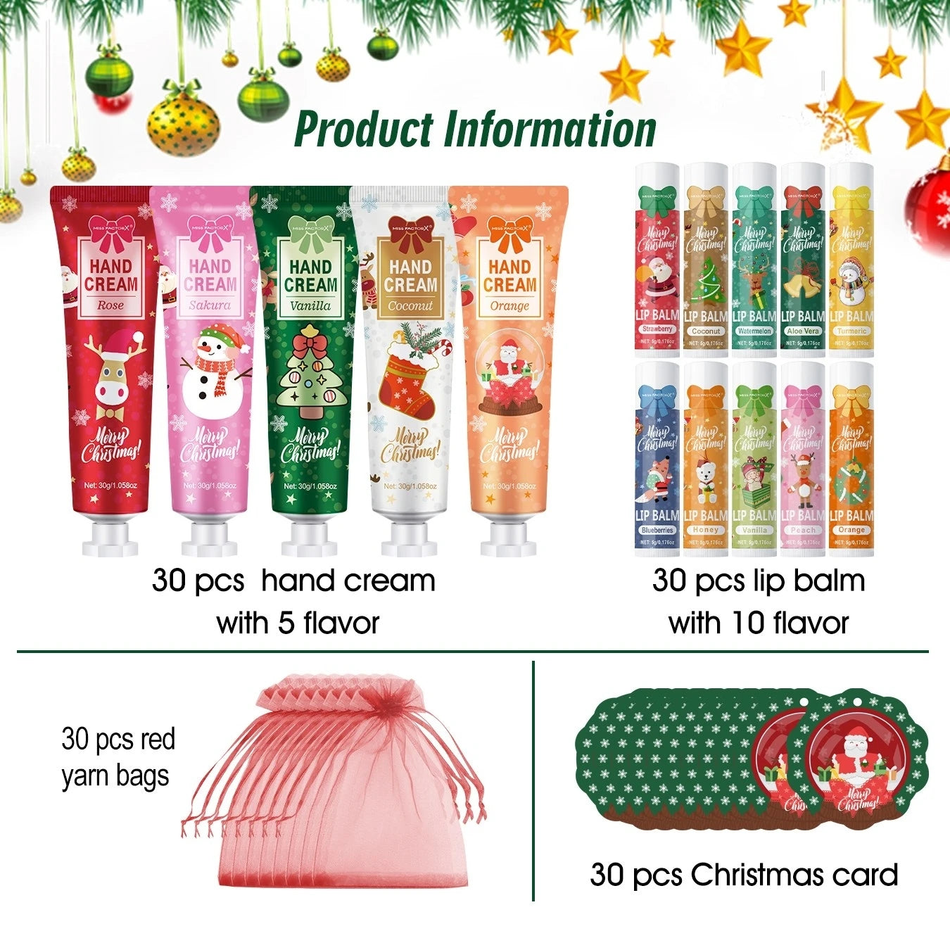 Christmas gift set distribution 120PCS/box in bulk, lip balm in bulk, hand cream in bulk, Christmas cards, gift gauze bags Peaceful Pleasures Health and Wellness