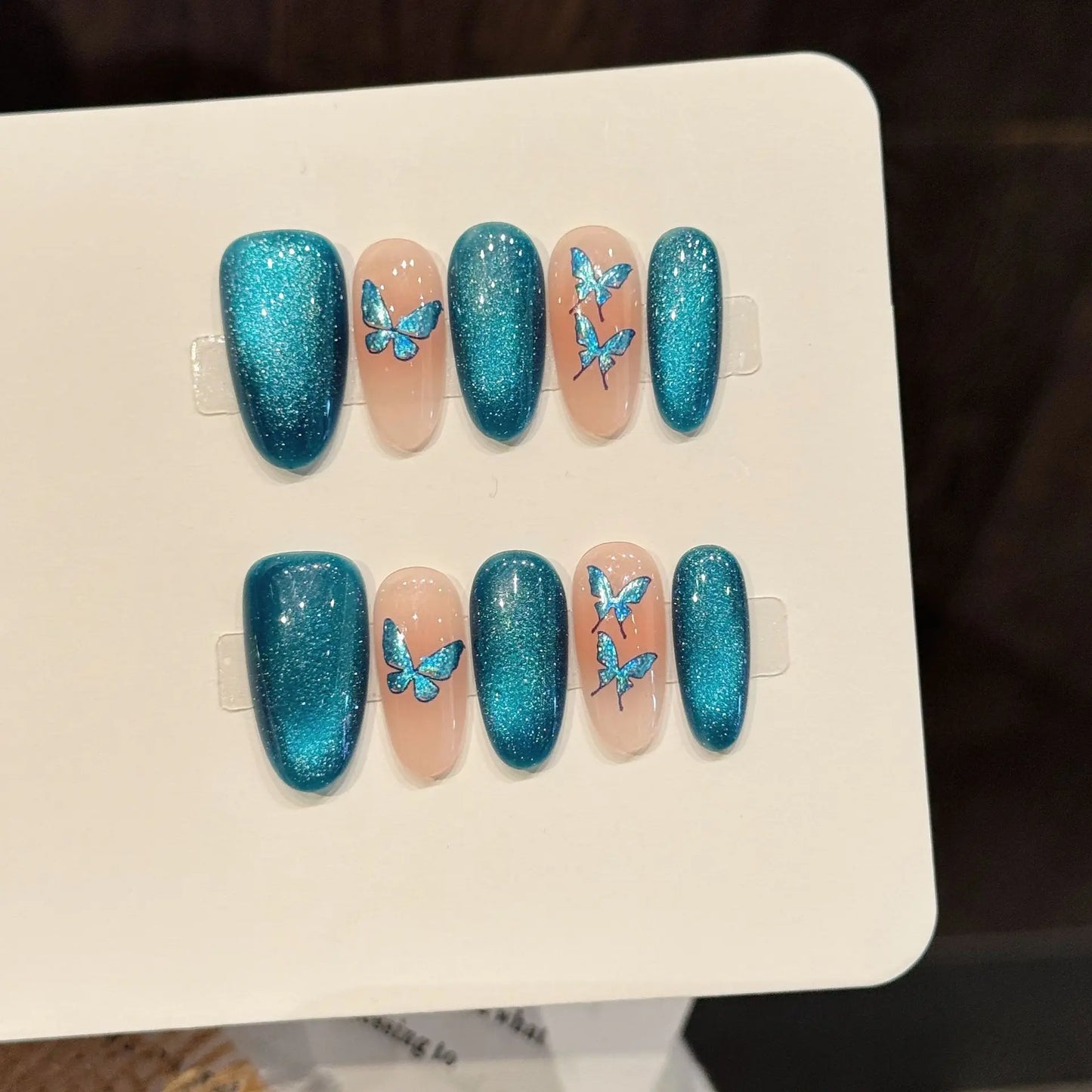 Handmade Blue Glitter Butterfly Press-On Nails | Cat's Eye Short