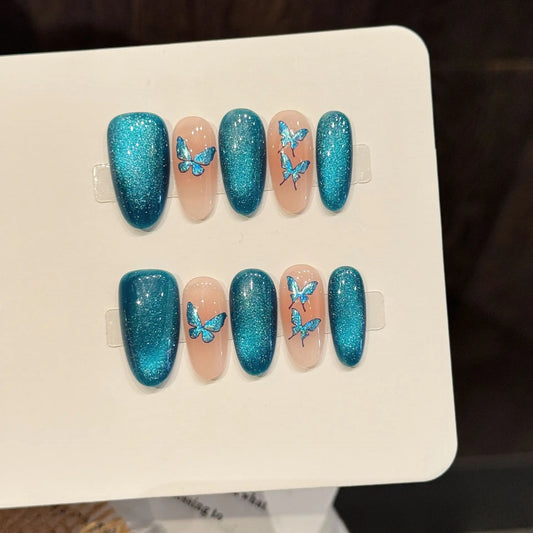 Handmade Blue Glitter Butterfly Press-On Nails | Cat's Eye Short Press-On Nails Peaceful Pleasures Health and Wellness L 1