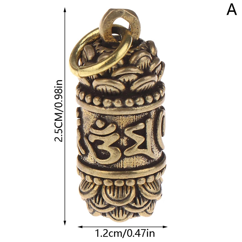 Handmade Hollow Brass Buddha Sutra Cylinder Keychain Pendant