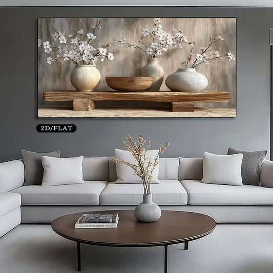2D Flat Modern Minimalist Oak Flower Vase Shelf Canvas Poster for Living Room, Bedroom, Office Decor, Unframe Oak Tree Painting Peaceful Pleasures Health and Wellness