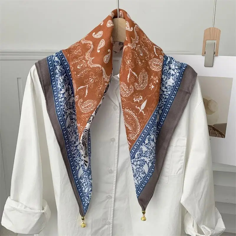 70x70 Retro Print Square Silk Scarf with Magnetic Buckle