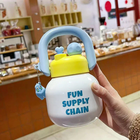 New Cute Water Bottle with Decoration, Dual Straws Design, Anti-Lipstick Stain, Detachable Travel Strap Durable Plastic Material Peaceful Pleasures Health and Wellness