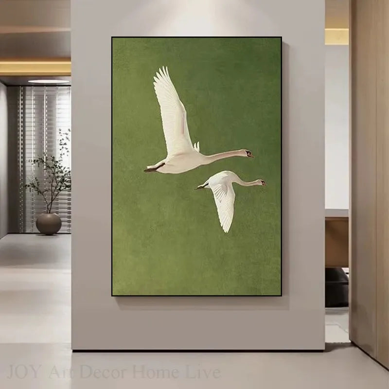 Two Flying Swans Realistic Feather Texture, Green Background Modern Wall Decor for Living Room, Office, Dining Area | Frameless Peaceful Pleasures Health and Wellness