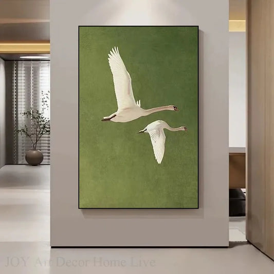 Two Flying Swans Realistic Feather Texture, Green Background Modern Wall Decor for Living Room, Office, Dining Area | Frameless Peaceful Pleasures Health and Wellness