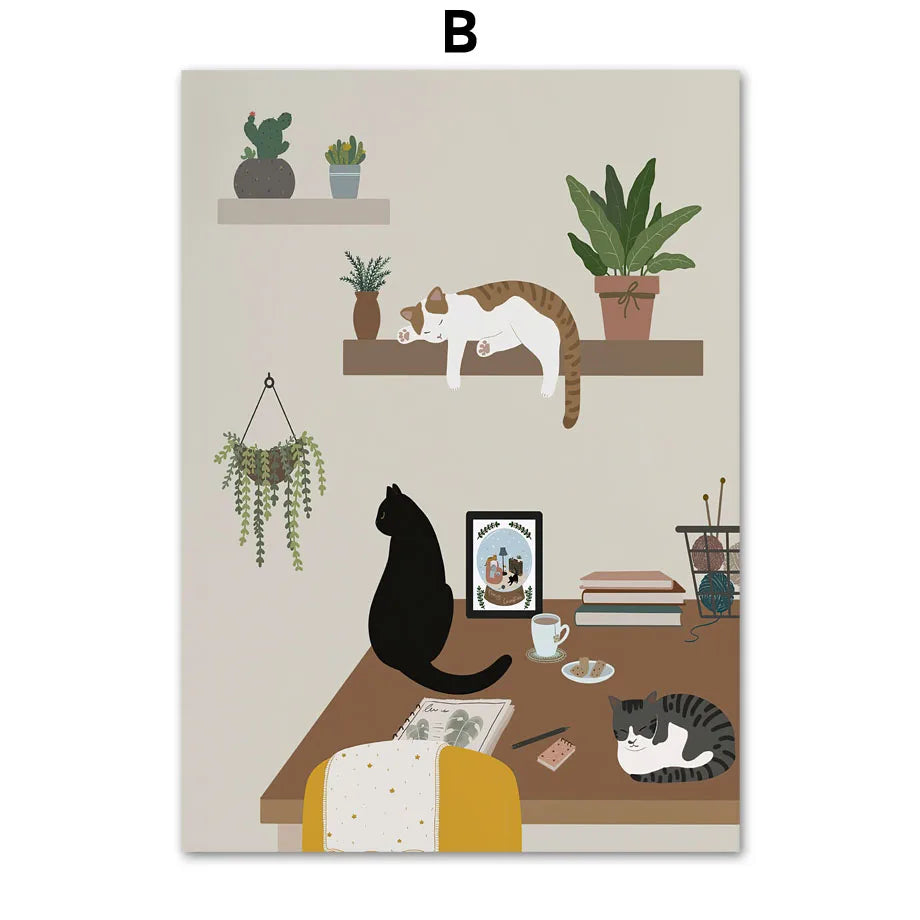 Boho Cat Canvas Wall Art | Cute Kitten Plant Neutral Print